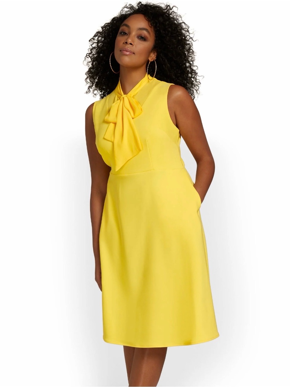 New York & Company Yellow Sleeveless Bow-Neck A-Line Midi Dress